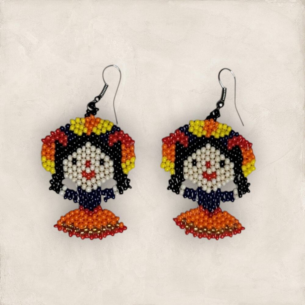 Handmade Otomi Doll Lightweight Beaded Earrings Black Orange Yellow & Cream